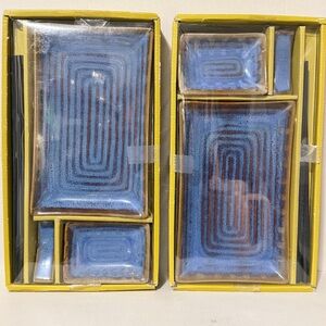 *2* Pier 1 Imports 4 Piece Stoneware Sushi Dish Set Blue Swirl NEW Open Box